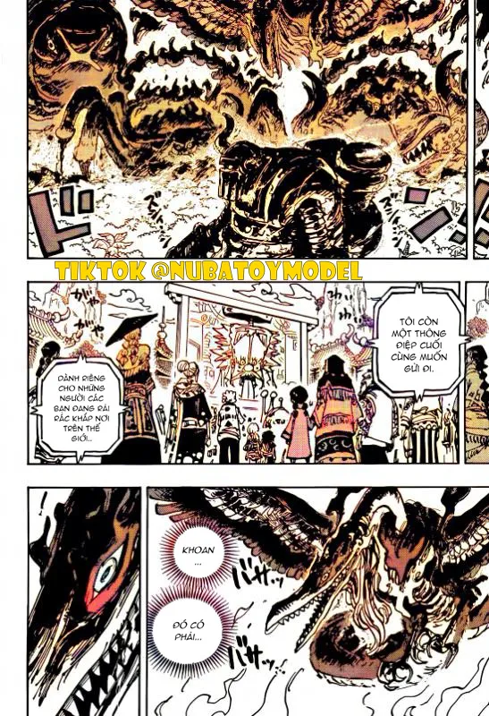 Luffy, Dorry và Brogy kêu gọi tàu của Elbaf khởi hành trong khi các thành viên Ngũ Lão Tinh phát hiện một Robot Khổng Lồ rất có thể là nới chứa sên truyền hình ảnh, thông điệp vegapunk tiếp tục phát sóng: tôi còn 1 thông điệp nữa muốn gửi đi, dành riêng cho những người các bạn đang rải rác trên khắp thế giới, lúc này mars đang nhìn chằm chằm vào con robot và đang nhớ ra điều gì đó.