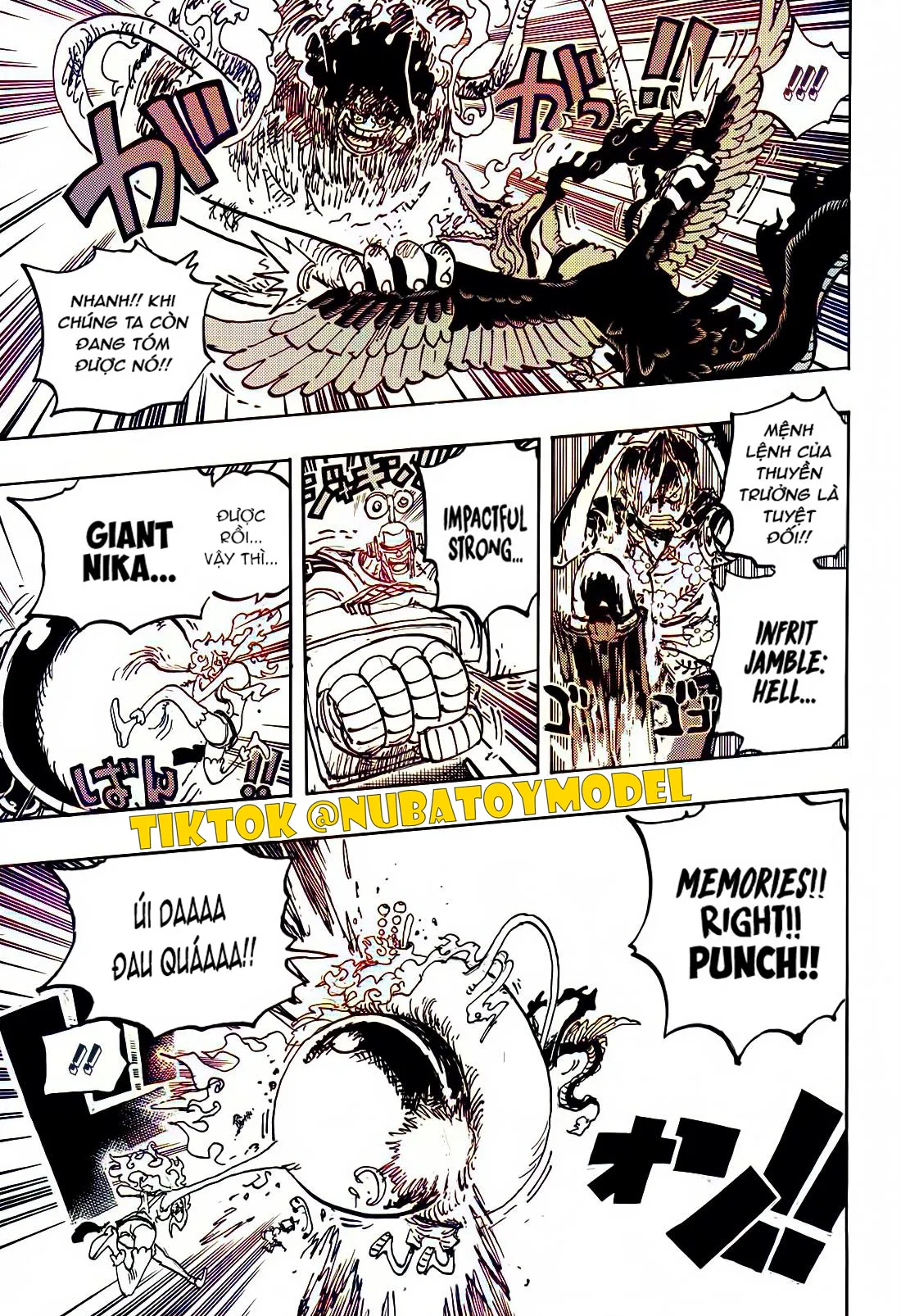 Luffy hối đồng đội của mình rằng hay nhanh đi khi còn có thể. Sanji, Franky và Bonney tung ra các đòn tấn công đồng thời vào cơ thể của Luffy (điều này cũng khiến anh ta bị thương vì hầu hết họ đều sử dụng Haki ). 